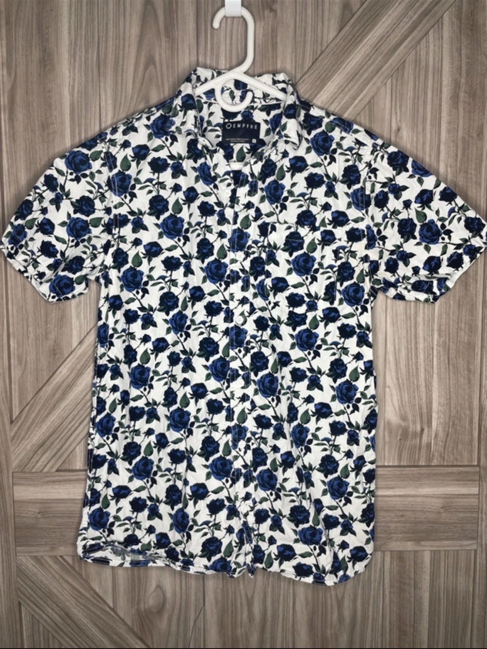 Empyre White Short-Sleeve Button-Up Shirt with Blue Floral Print